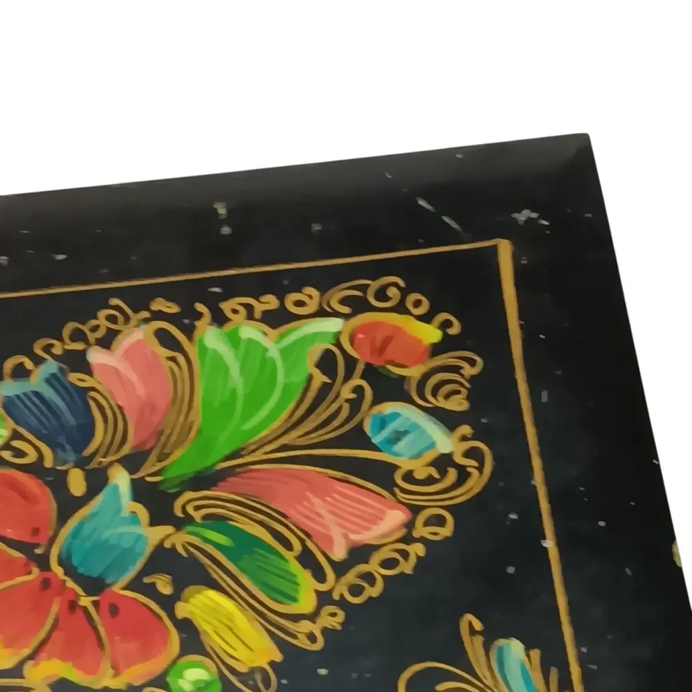 Wooden Jewelry Or Trinket Box Black With Colorful Flowers Handpainted VTG 6x4.25